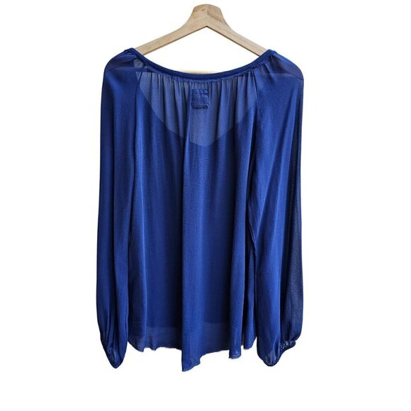 Go By GoSilk Blue Silk Long Sleeve Blouse With Drawstring Neckline, Size Medium - Picture 2 of 11